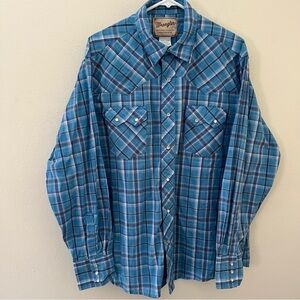 Wrangler Western Fashion Blue Pearl Snap Short Sleeve Plaid Shirt Men’s XL